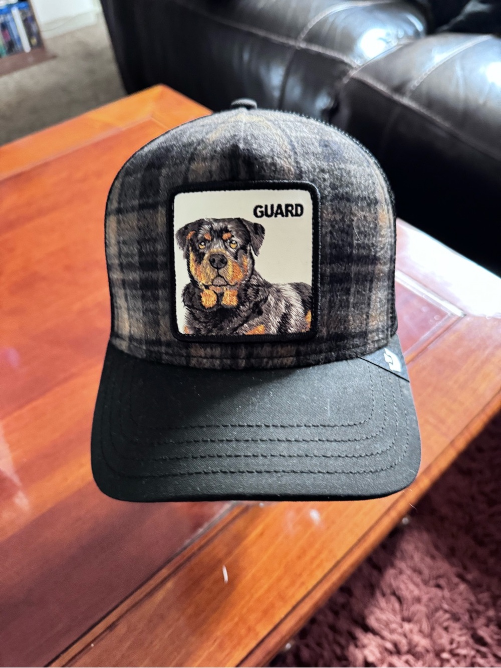 Goorin Brothers GUARD Trucker Hat Cap Snapback Plaid Rottweiler Black. NWT